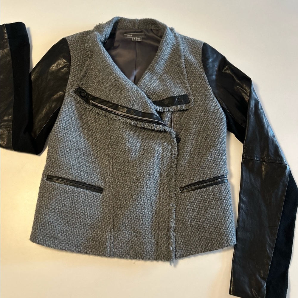 Vince Boucle Lamb Leather Sleeve Moto Jacket, Gray, Black, Asymmetric Zip, Sz S